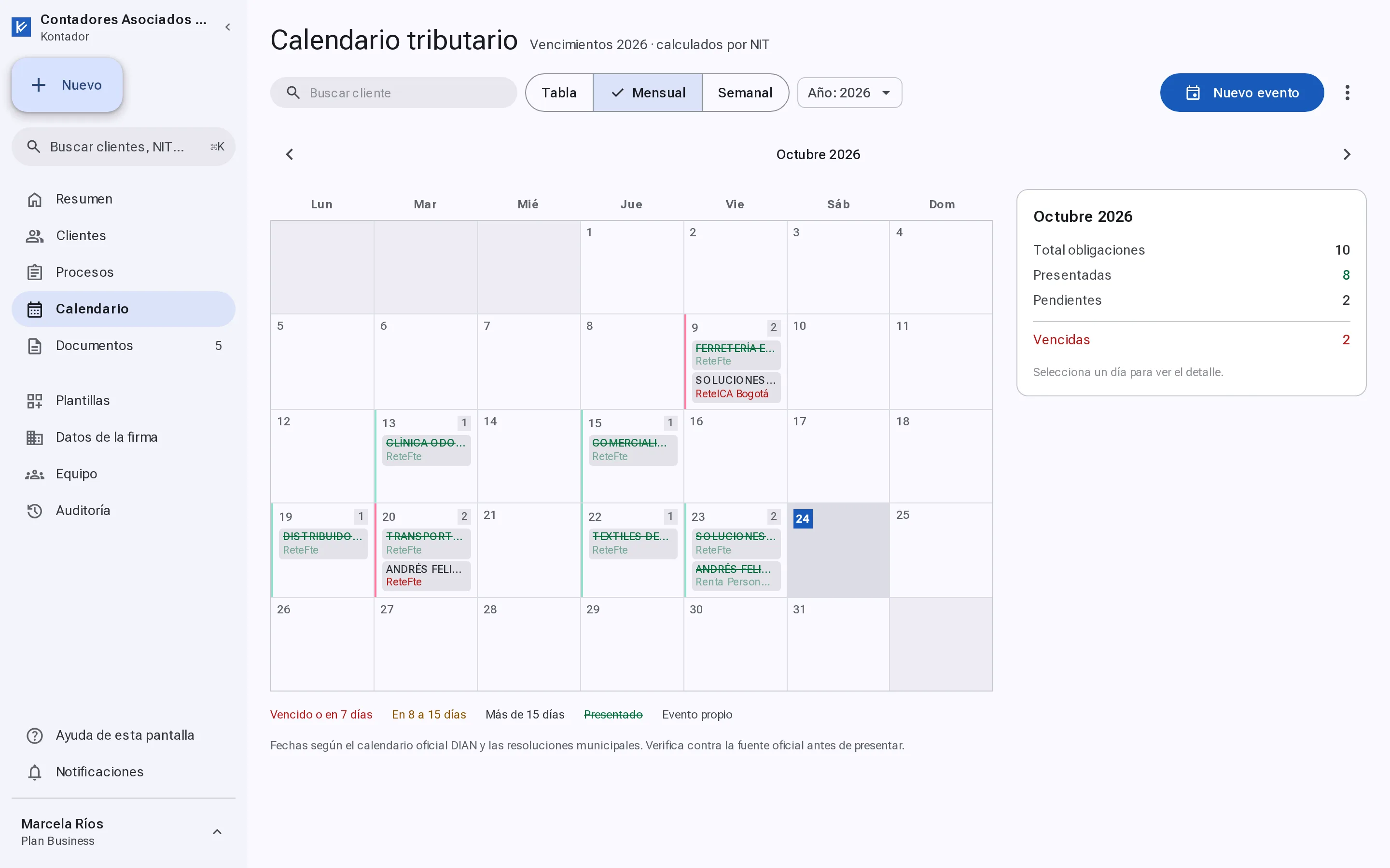 Calendario tributario de Kontador en octubre de 2026 con los vencimientos de retención, IVA y renta de varios clientes por día