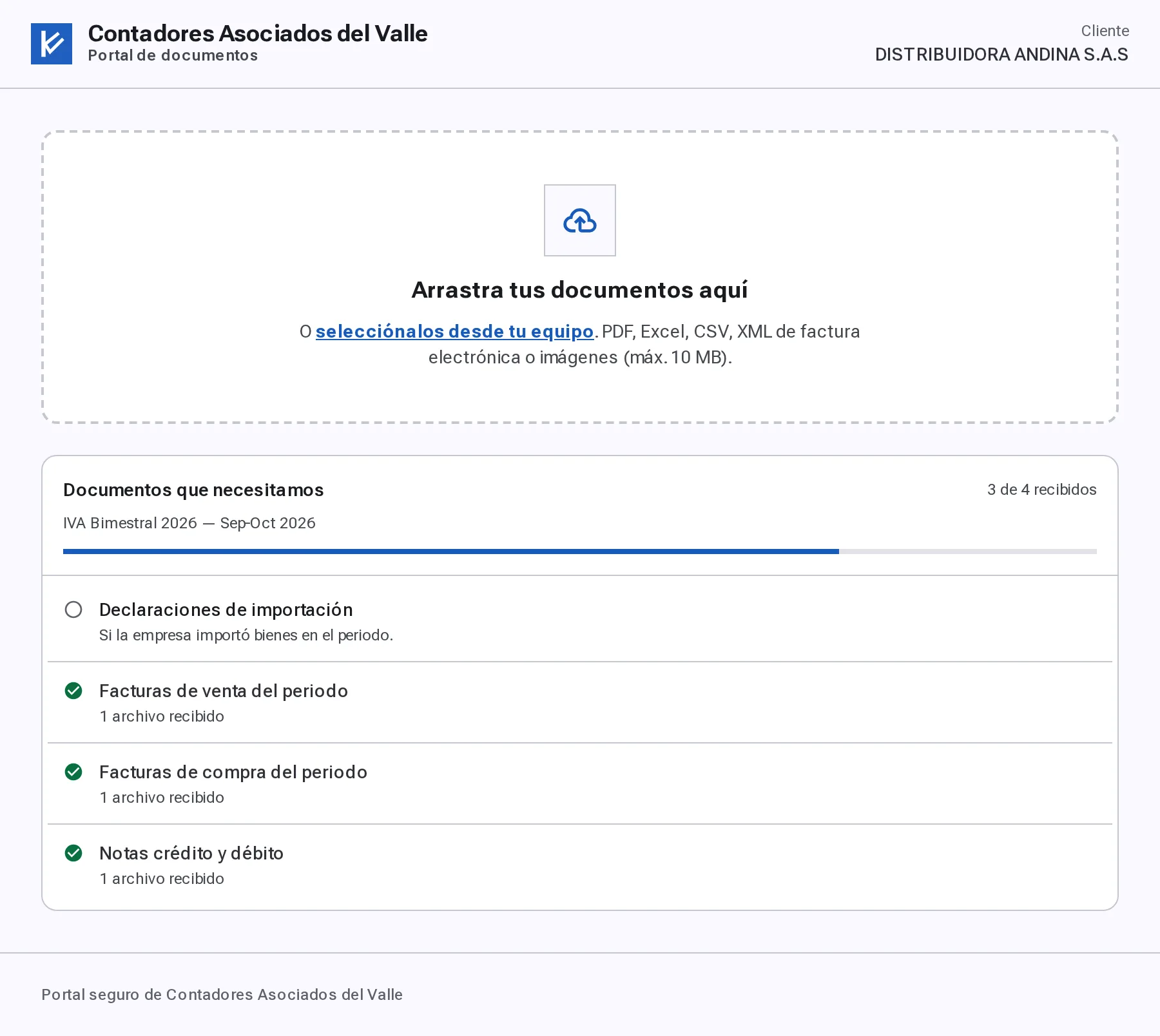 Portal de carga de Kontador: lista de soportes del IVA bimestral septiembre–octubre de 2026 con los obligatorios recibidos y zona para cargar archivos